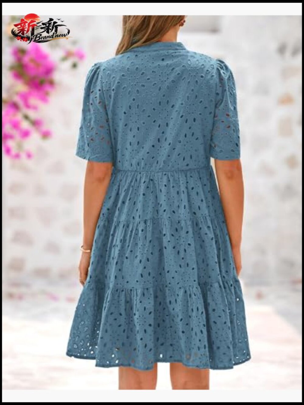 Boho V-Neck Mini Dress Short Sleeve Hollow Out Lace Ruffle Casual Beach - Picture 3 of 7